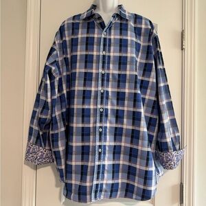Robert Graham Shirt Blue Plaid Long Sleeve Flip Cuffs Button Embroidered Size 2X